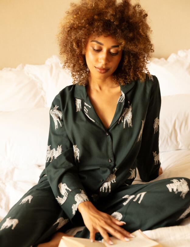 Cyberjammies Blake Wide Leg Pyjama Bottoms Dark Green Zebra Print