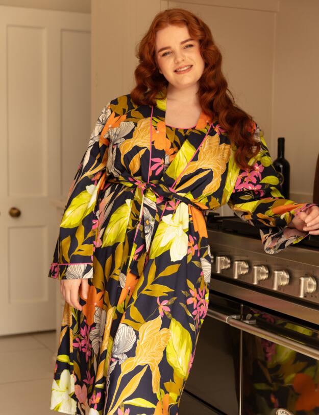 Cyberjammies Avery Long Dressing Gown Navy Floral Print