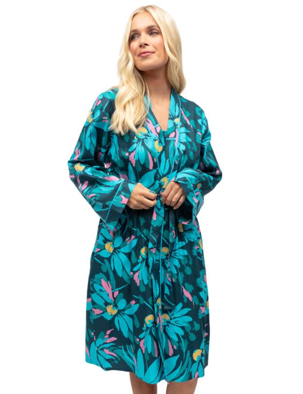 Cyberjammies Cove Short Dressing Gown Teal Floral Print
