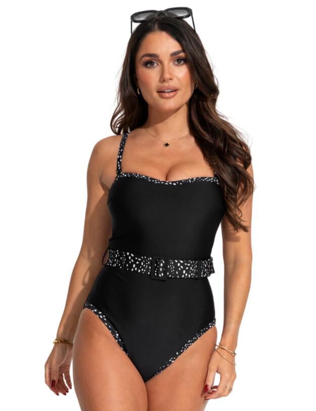 Pour Moi Rhodes Belted Removable Straps Tummy Control Swimsuit Black/White