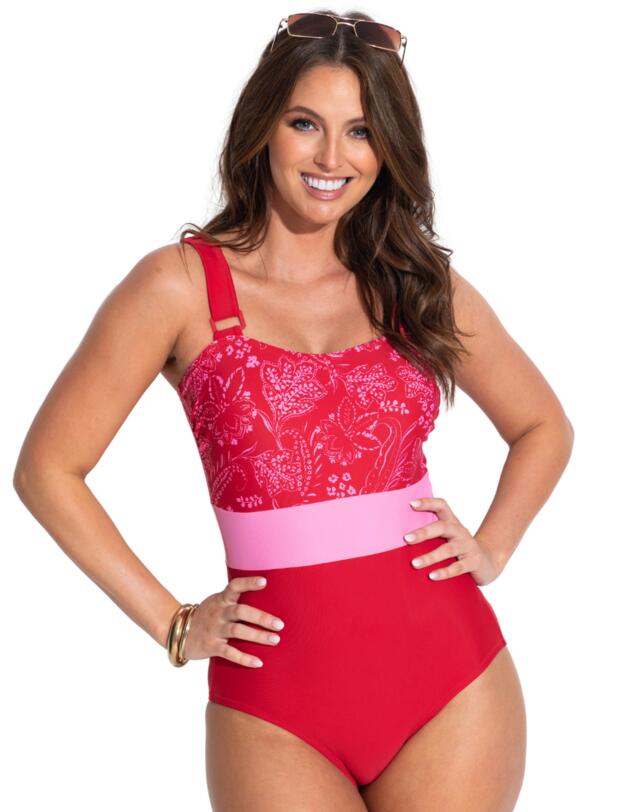 Pour Moi Palm Springs Colour Block Tummy Control Swimsuit Red/Pink