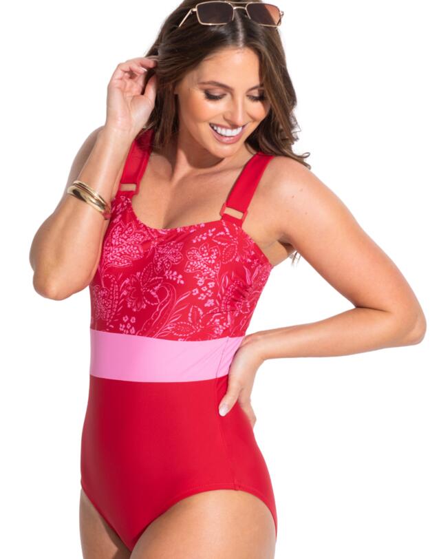 Pour Moi Palm Springs Colour Block Tummy Control Swimsuit Red/Pink