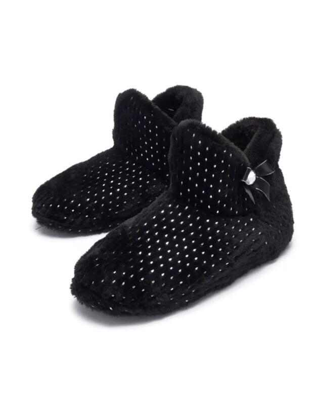 Pour Moi Diamante Trim Faux Fur Bootie Slipper Black