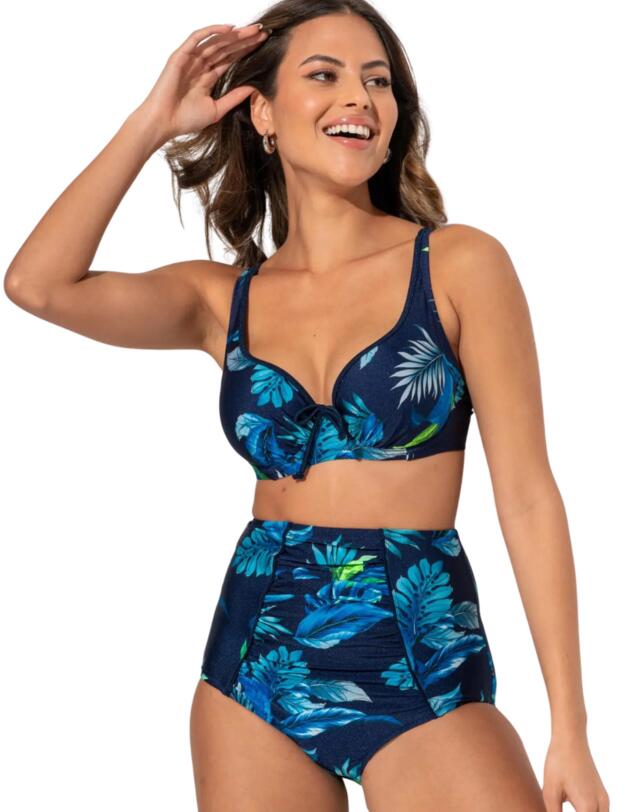 Pour Moi Palermo Super High Waist Ruched Tummy Control Bikini Brief Navy Tropical