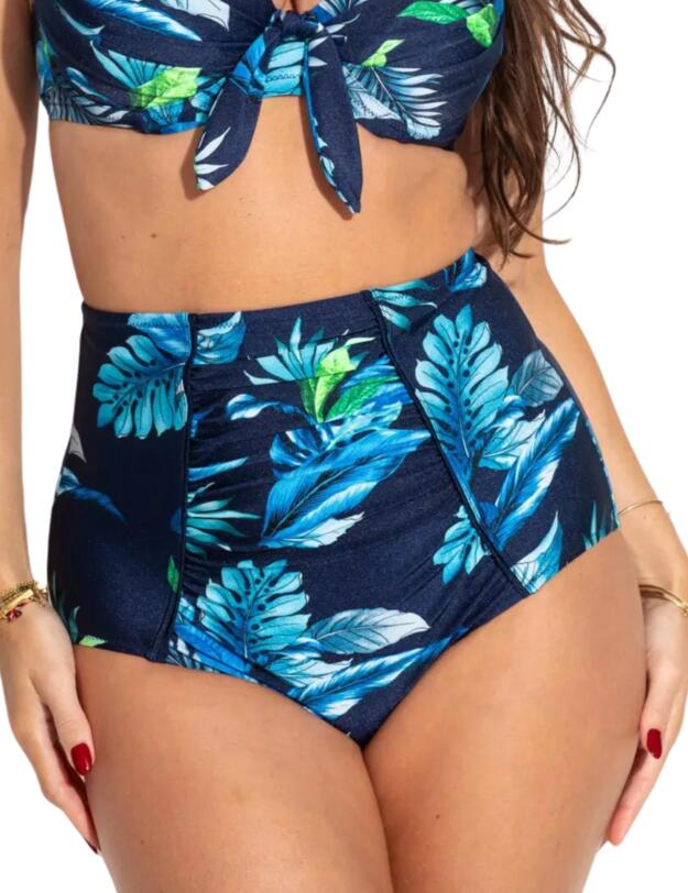 Pour Moi Palermo Super High Waist Ruched Tummy Control Bikini Brief Navy Tropical