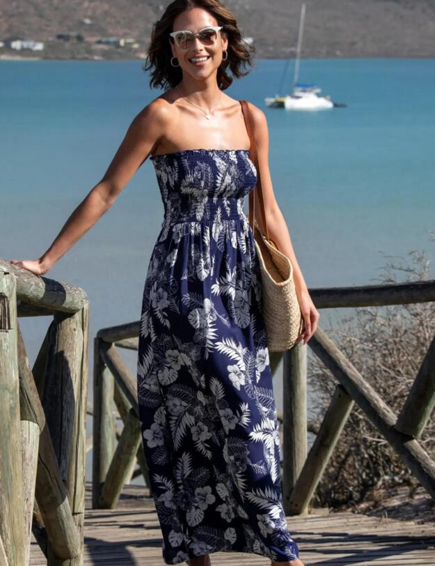 Pour Moi Strapless Beach Dress Navy Tropical