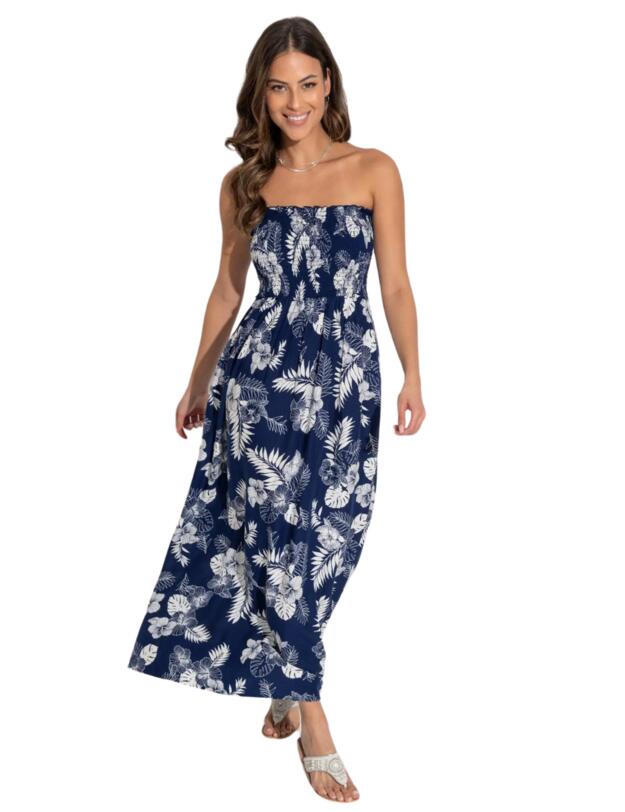 Pour Moi Strapless Beach Dress Navy Tropical