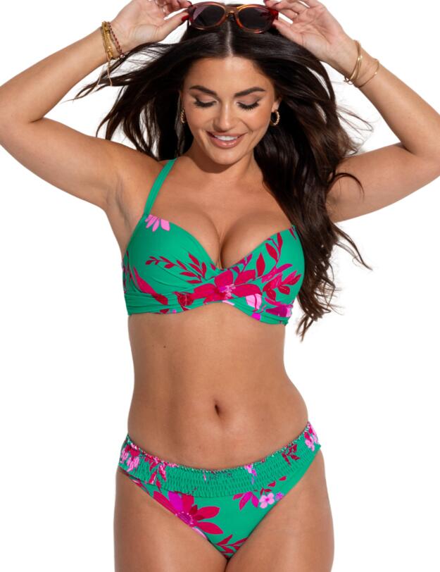 Pour Moi Free Spirit Lightly Padded Underwired Twist Front Bikini Top Green/Pink