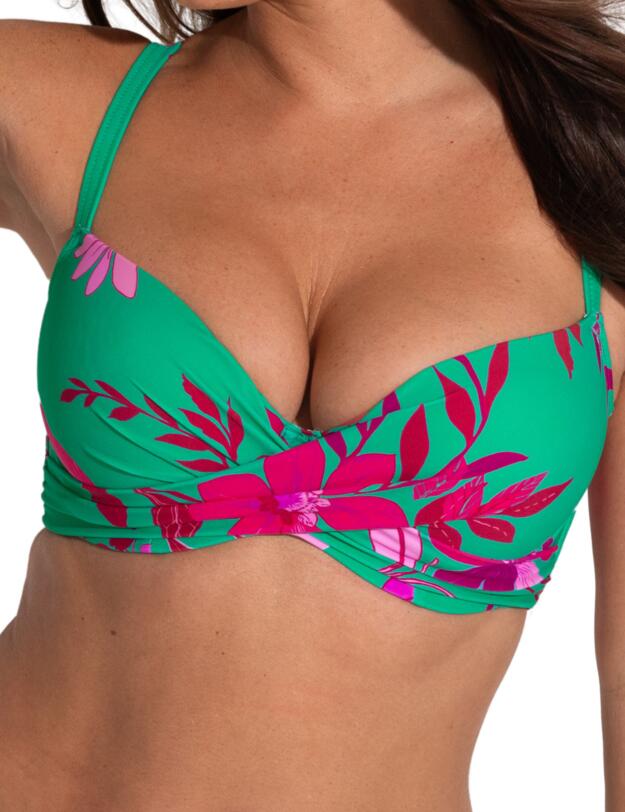 Pour Moi Free Spirit Lightly Padded Underwired Twist Front Bikini Top Green/Pink