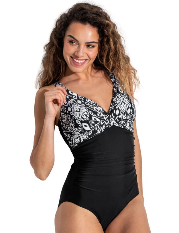 Pour Moi Indonesia Ruched Tummy Control Swimsuit Black/White