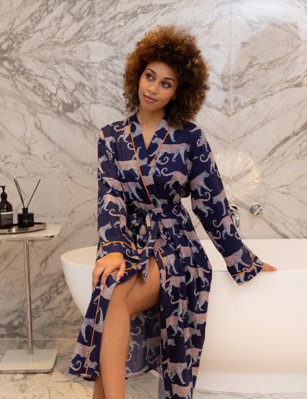 Cyberjammies Taylor Leopard Print Long Dressing Gown Navy Mix