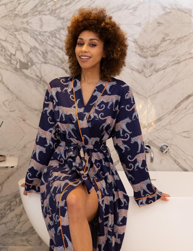 Cyberjammies Taylor Leopard Print Long Dressing Gown Navy Mix