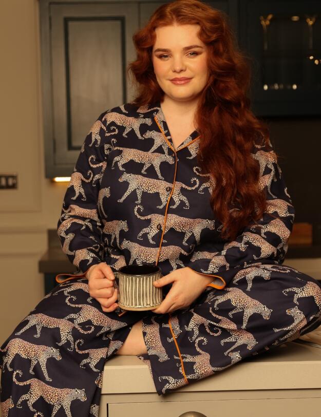 Cyberjammies Taylor Leopard Print Wide Leg Pyjama Bottoms Navy Mix