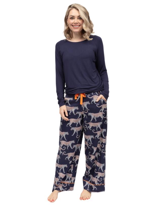 Cyberjammies Taylor Leopard Print Wide Leg Pyjama Bottoms Navy Mix