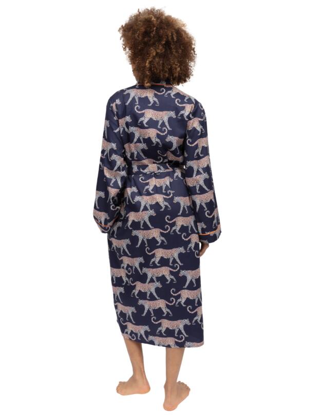 Cyberjammies Taylor Leopard Print Long Dressing Gown Navy Mix