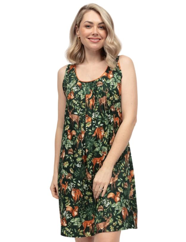 Cyberjammies Forrest Woodland Print Short Nightdress Dark Green Mix