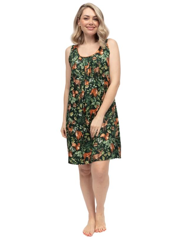 Cyberjammies Forrest Woodland Print Short Nightdress Dark Green Mix