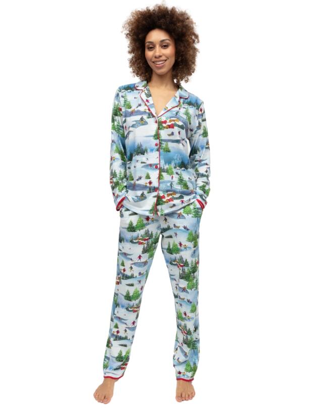 Cyberjammies Montana Winterscape Printed Jersey Pyjama Top White Mix