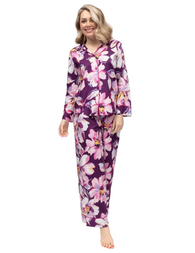 Cyberjammies Hazel Floral Print Wide Leg Pyjama Bottoms Dark Purple Mix