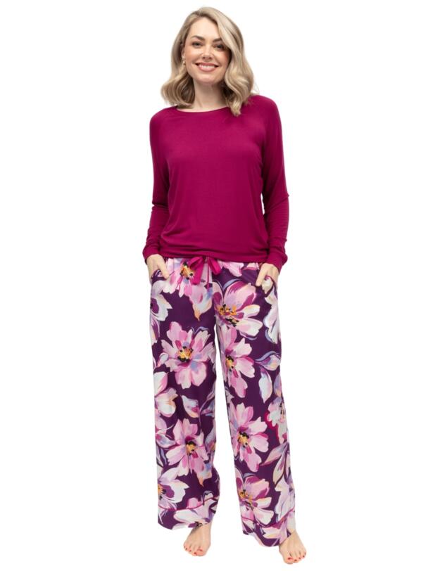 Cyberjammies Hazel Floral Print Wide Leg Pyjama Bottoms Dark Purple Mix