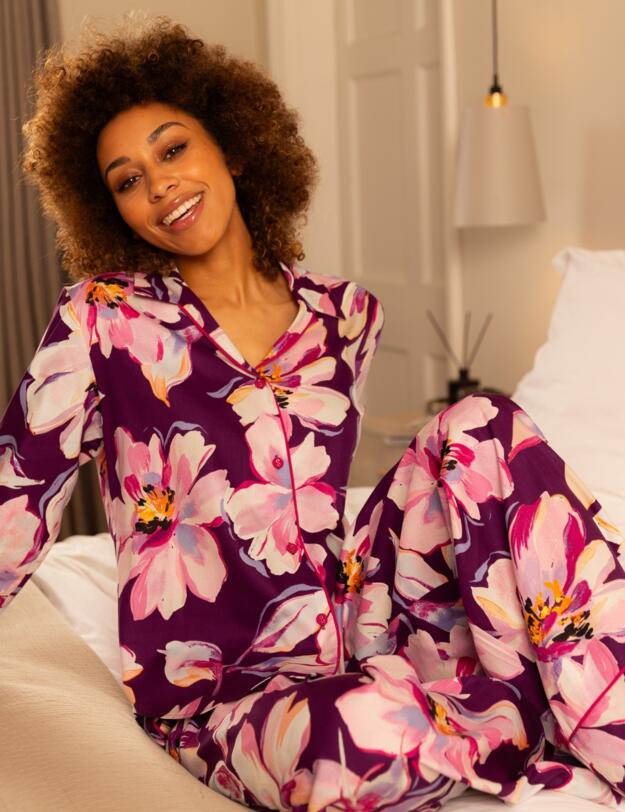 Cyberjammies Hazel Floral Print Wide Leg Pyjama Bottoms Dark Purple Mix