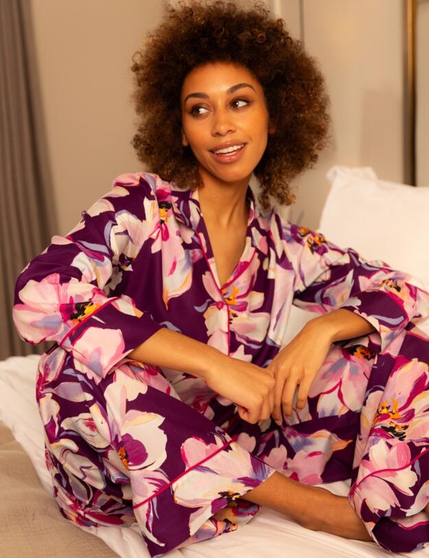 Cyberjammies Hazel Floral Print Wide Leg Pyjama Bottoms Dark Purple Mix