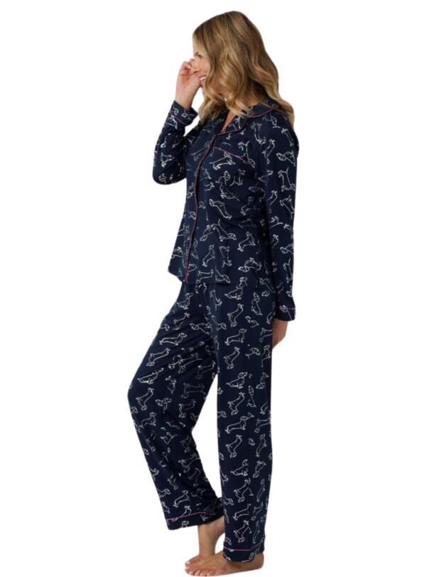 Chelsea Peers Long Pyjama Set Navy and Silver Foil Dachshund Print