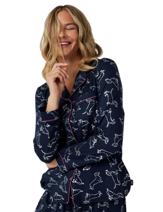 Chelsea Peers Long Pyjama Set Navy and Silver Foil Dachshund Print