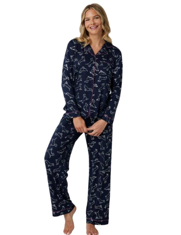 Chelsea Peers Long Pyjama Set Navy and Silver Foil Dachshund Print