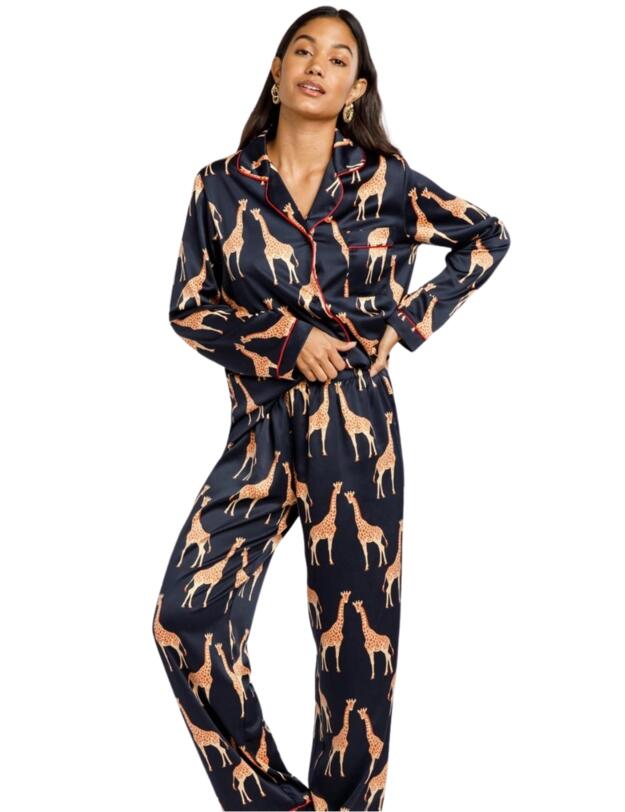 Chelsea Peers Satin Pyjama Set Navy Giraffe