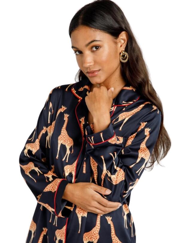 Chelsea Peers Satin Pyjama Set Navy Giraffe