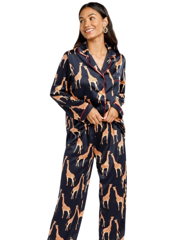 Chelsea Peers Satin Long Pyjama Set Navy Giraffe