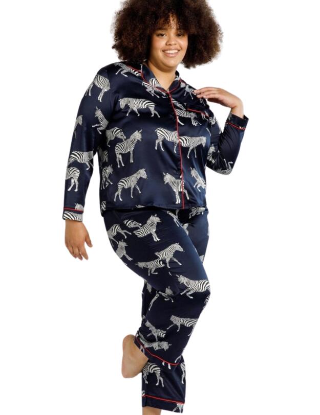 Chelsea Peers Satin Long Pyjama Set Navy Zebra