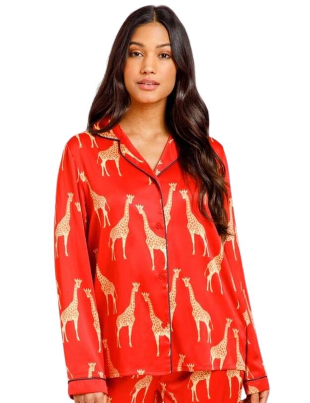 Chelsea Peers Satin Long Pyjama Set Red Giraffe