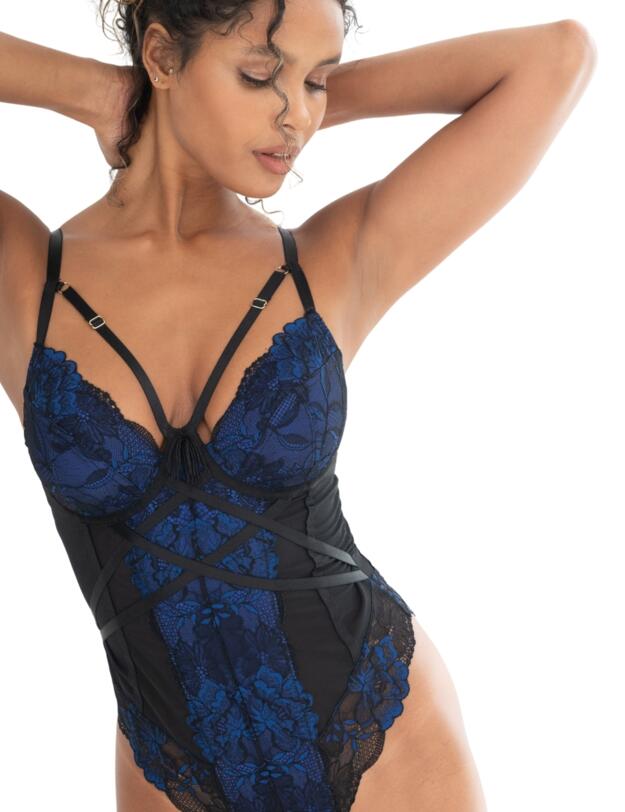 Pour Moi After Hours Underwired Thong Bodysuit Black/Blue