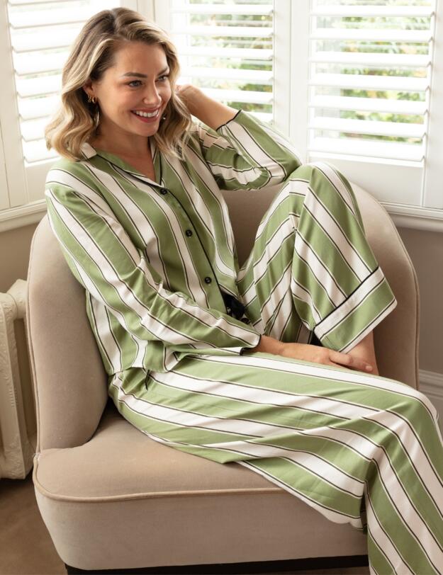 Cyberjammies Nancy Printed Stripe Pyjama Top Sage Green Mix