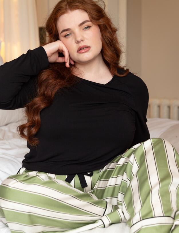 Cyberjammies Nancy Printed Stripe Wide Leg Pyjama Bottoms Sage Green Mix