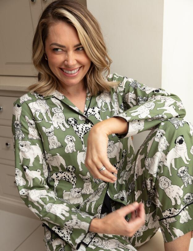 Cyberjammies Nancy Dog Print Wide Leg Pyjama Bottoms Sage Green Mix