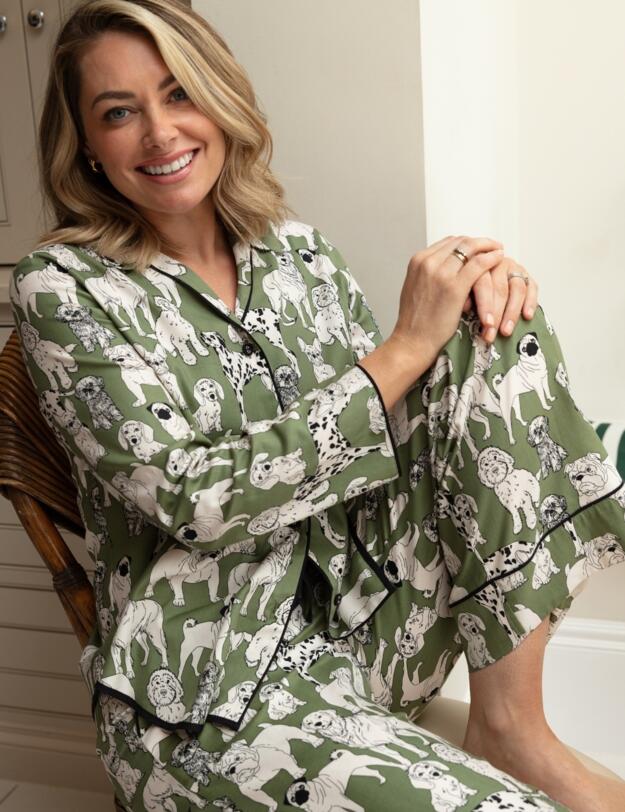 Cyberjammies Nancy Dog Print Wide Leg Pyjama Bottoms Sage Green Mix