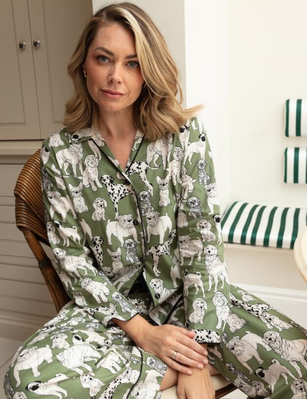 Cyberjammies Nancy Dog Print Wide Leg Pyjama Bottoms Sage Green Mix