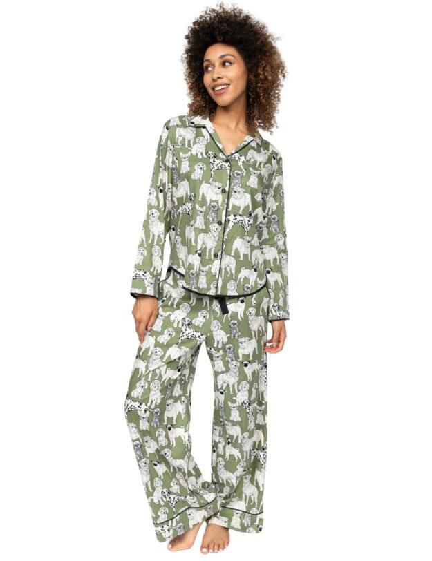 Cyberjammies Nancy Dog Print Wide Leg Pyjama Bottoms Sage Green Mix