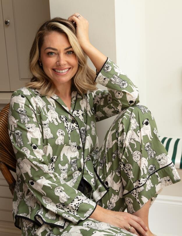 Cyberjammies Nancy Dog Print Wide Leg Pyjama Bottoms Sage Green Mix