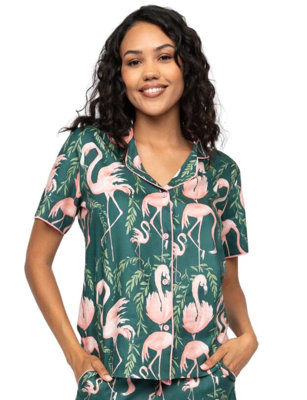 Cyberjammies Ivy Flamingo Print Pyjama Top Emerald Green Mix