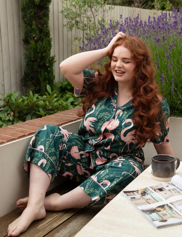 Cyberjammies Ivy Flamingo Print Pyjama Top Emerald Green Mix