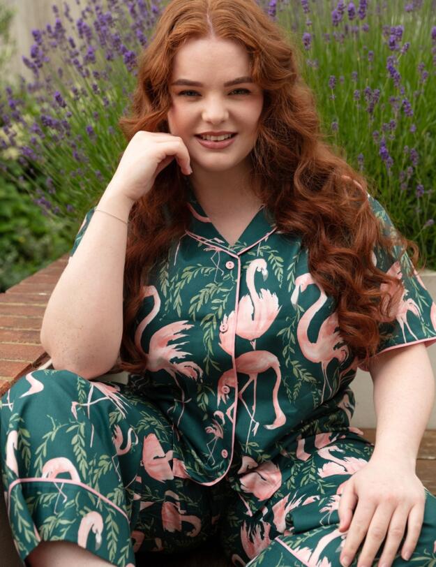 Cyberjammies Ivy Flamingo Print Pyjama Top Emerald Green Mix