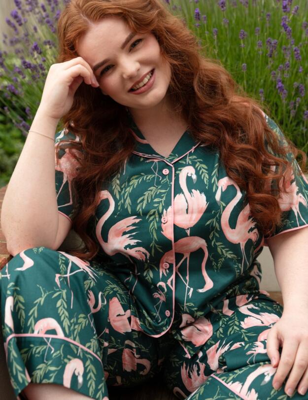 Cyberjammies Ivy Flamingo Print Pyjama Top Emerald Green Mix