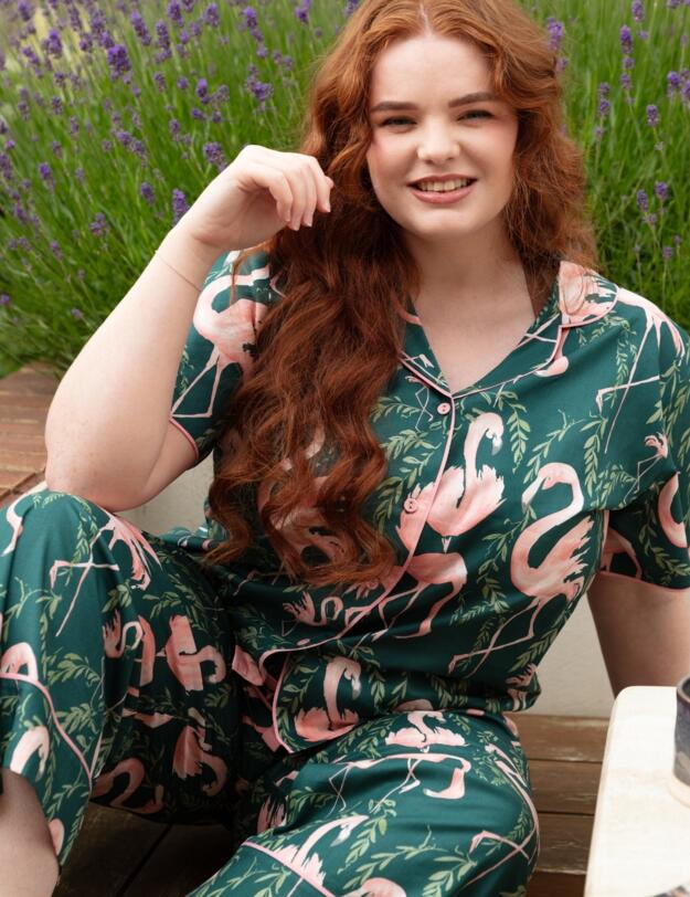 Cyberjammies Ivy Flamingo Print Pyjama Top Emerald Green Mix