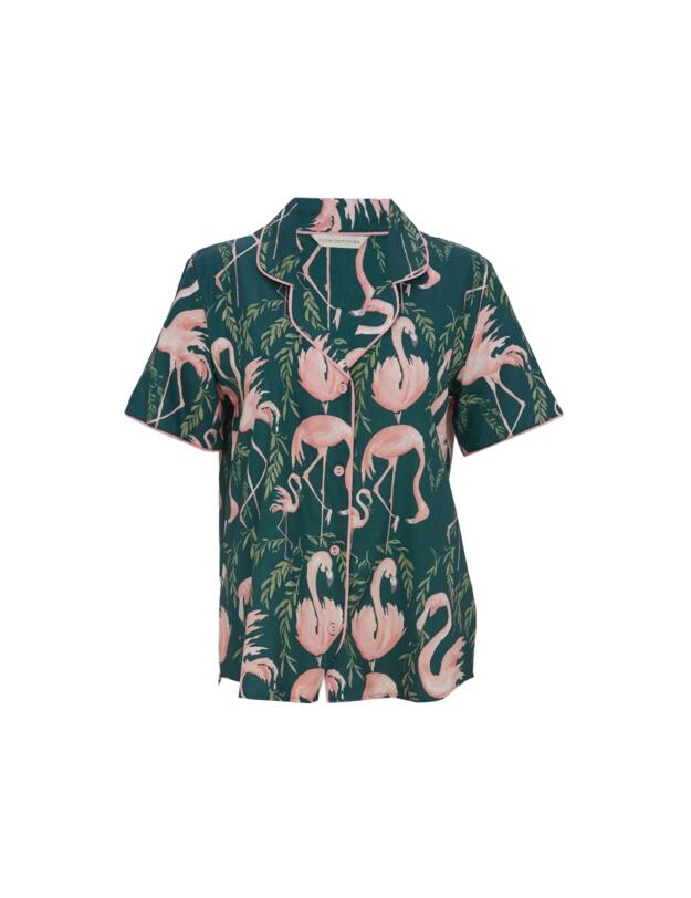 Cyberjammies Ivy Flamingo Print Pyjama Top Emerald Green Mix