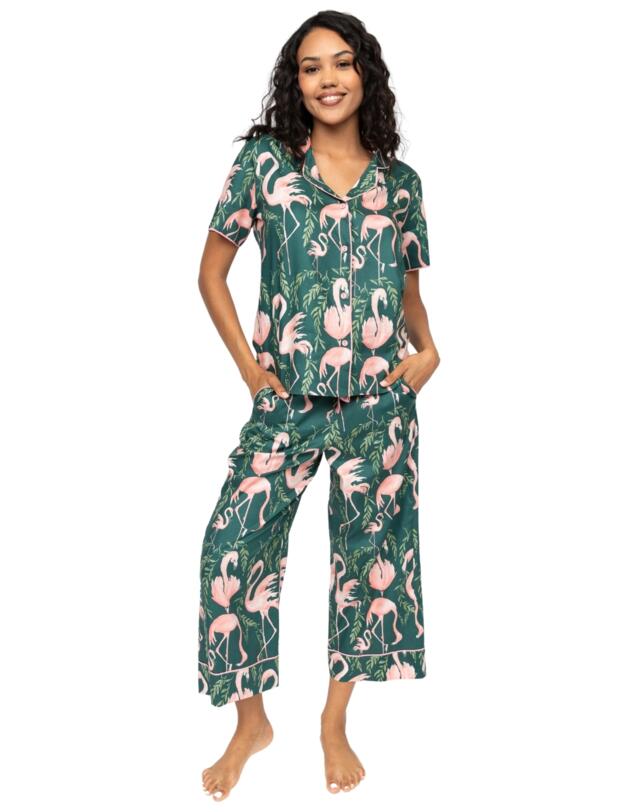 Cyberjammies Ivy Flamingo Print Pyjama Top Emerald Green Mix