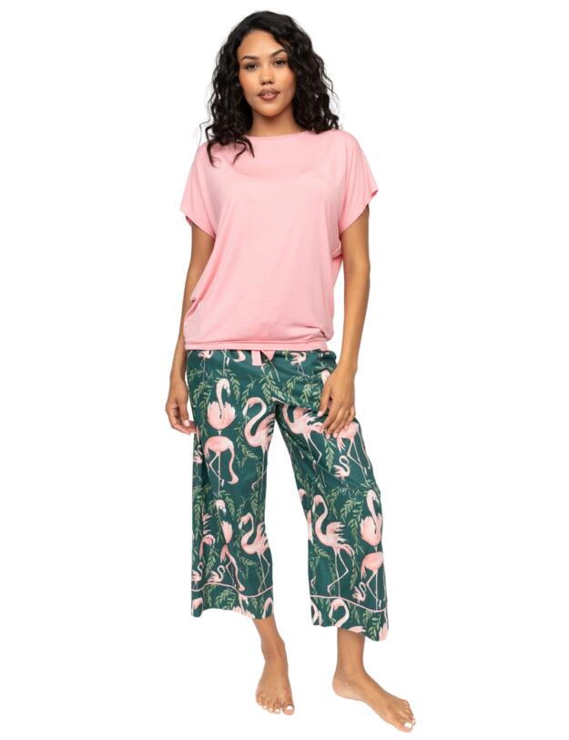 Cyberjammies Ivy Flamingo Print Wide Leg Pyjama Bottoms Emerald Green Mix